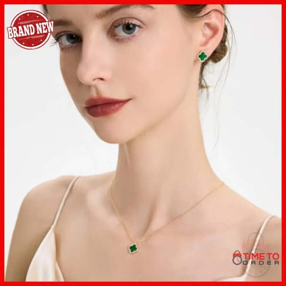 18K Gold Plated Clover Jewelry Set Necklace Earrings Adjustable Lobster Clasp